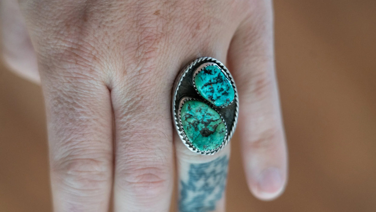 Massive Mid Century Double Turquoise Inlay 1950s Ring Size-10
