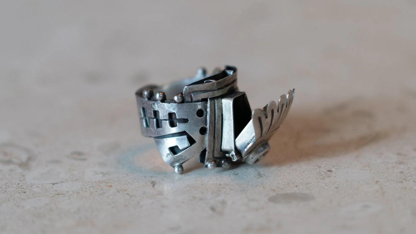 Aztec Poison Ring Vintage Sterling Compartment Adjustable Ring
