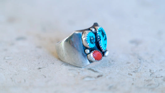 Vintage Coral and Turquoise Nugget Ring Size-10