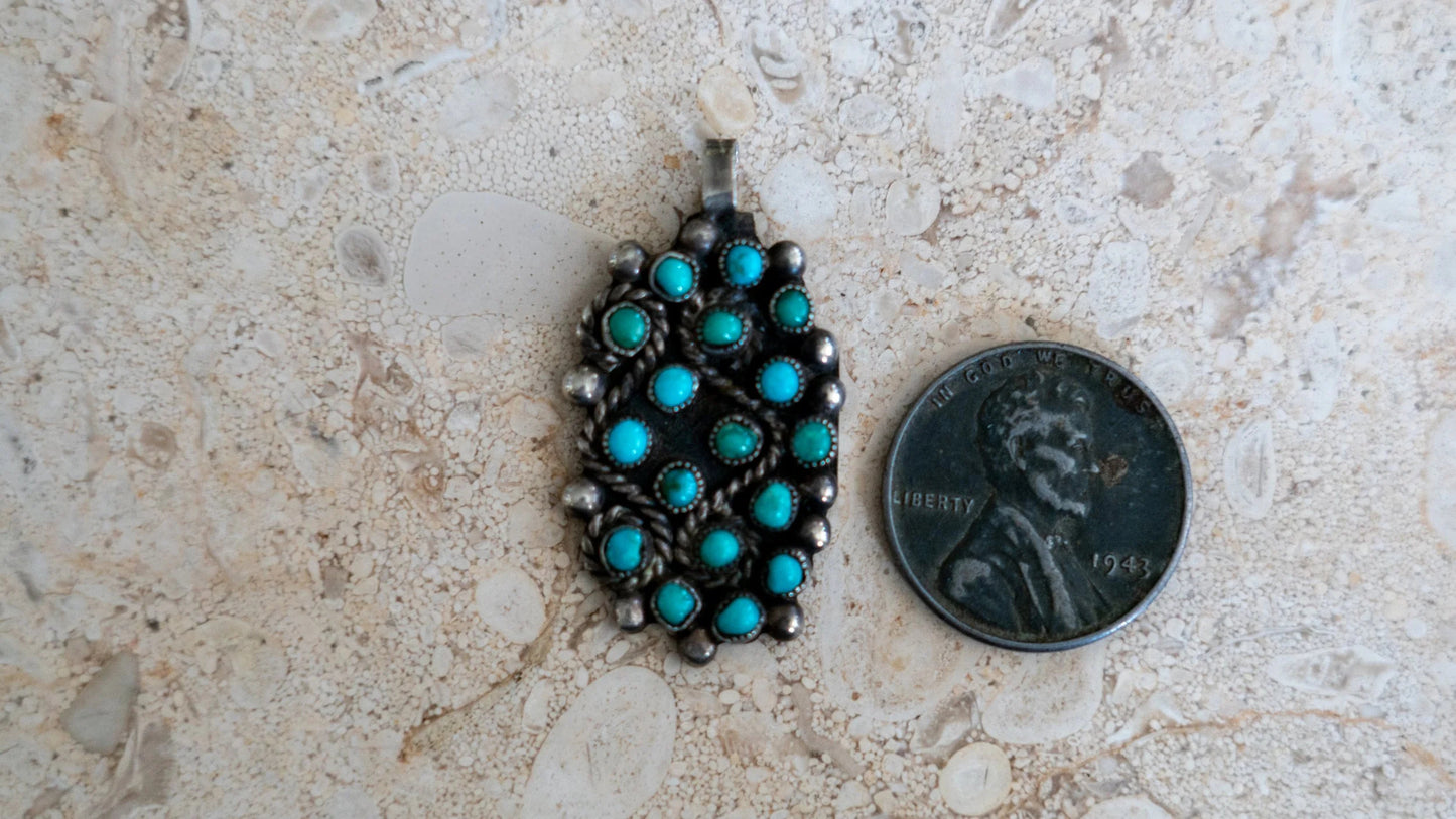 17 Stone Inlay Zuni Petit Point Turquoise Pendant