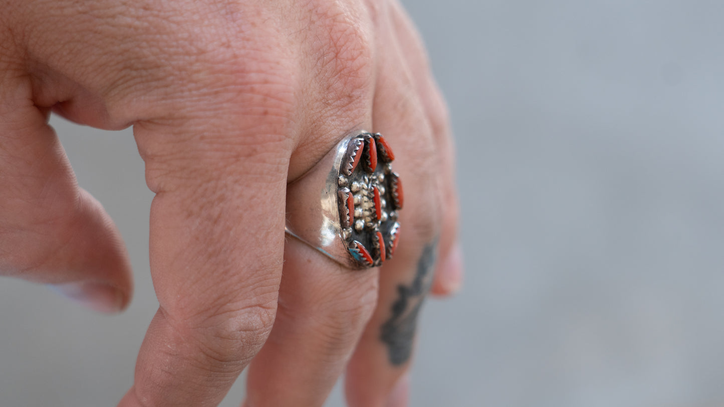 Large 19 Gram 1960s Zuni Petite Point Coral Inlay Size-11