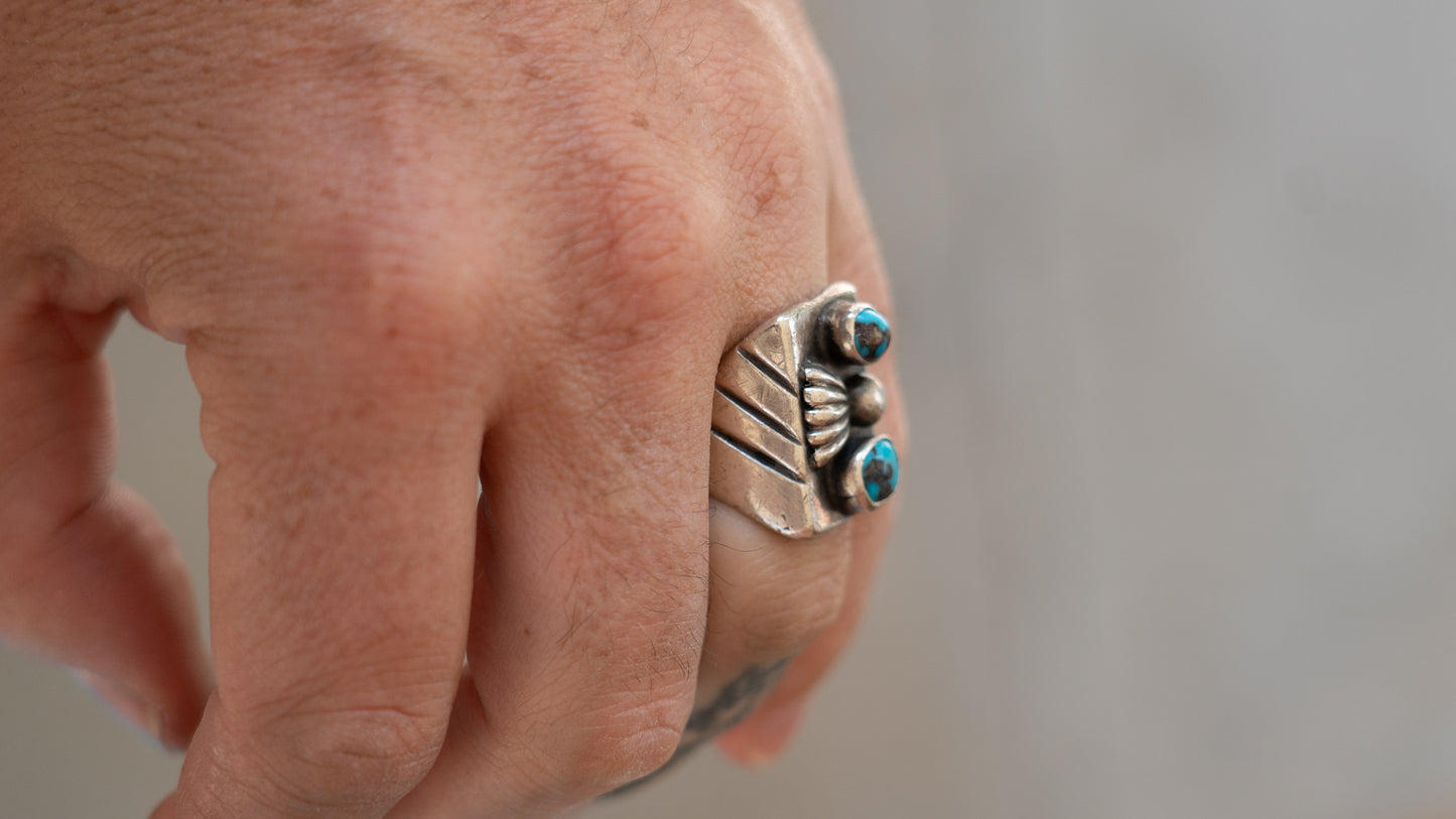 Chunky Mid Century Double Turquoise Inlay Ring Size-8.5