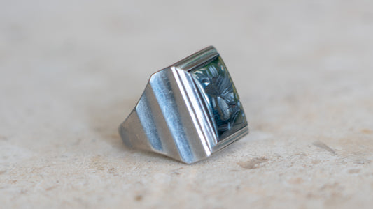 Intaglio Hematite 1940s Chrome Centurion Ring Size-10