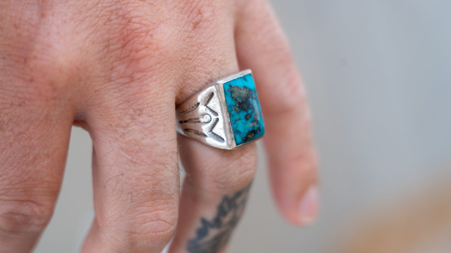 Mid Century Turquoise Bell Trading Post Ring Size-10