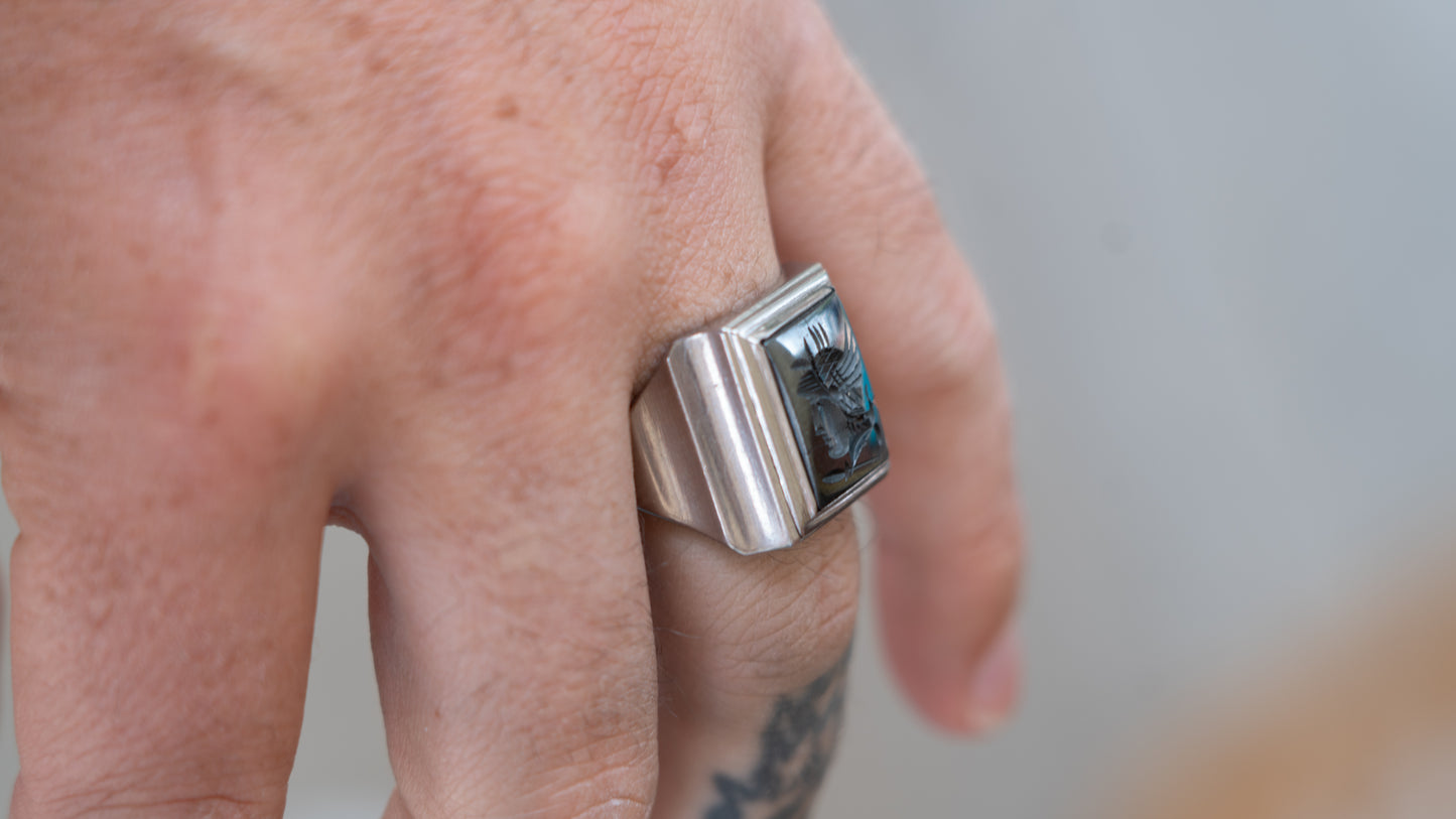 Intaglio Hematite 1940s Chrome Centurion Ring Size-10