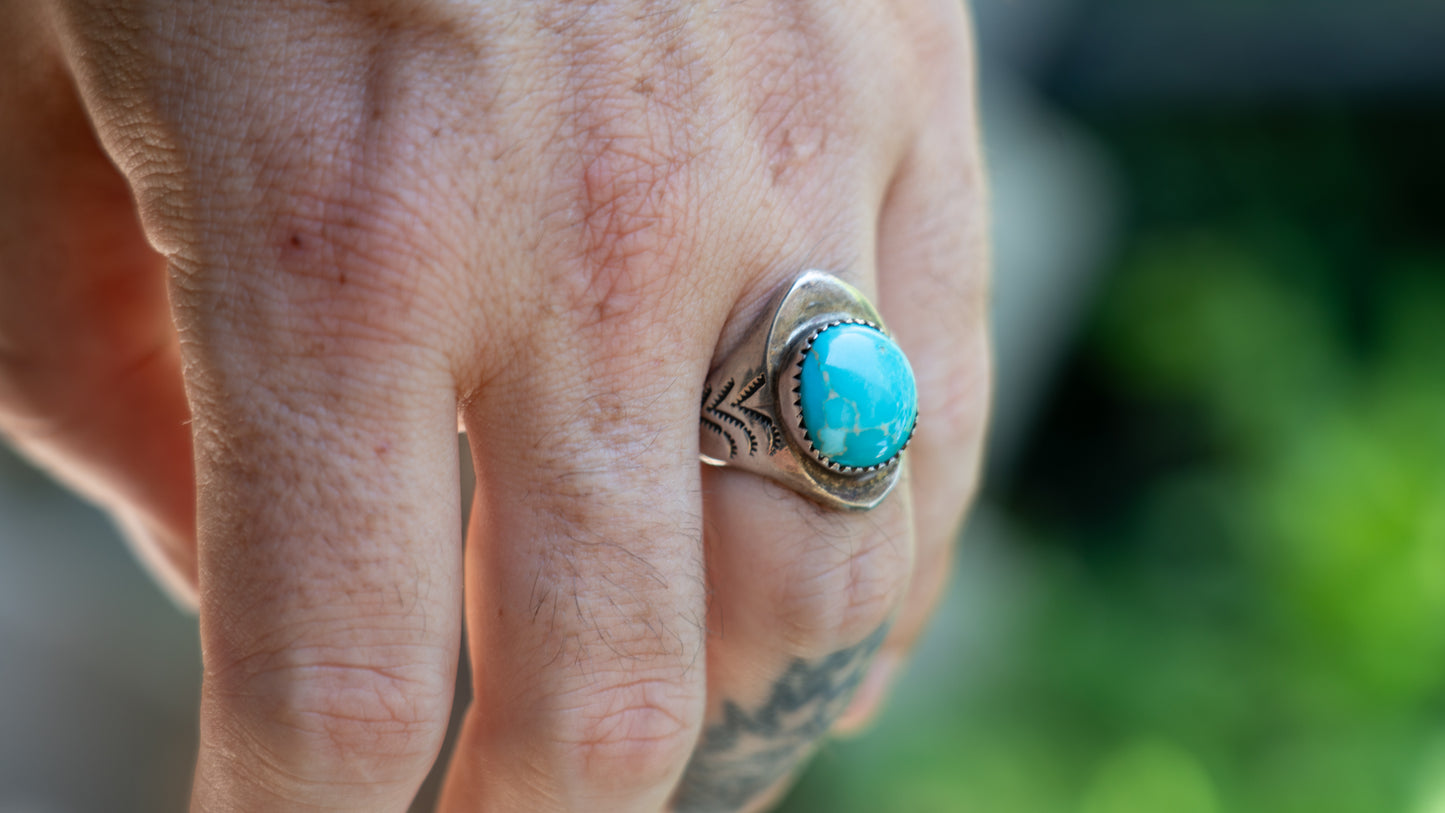 Handmade & Hand Stamped 1960s Turquoise Ring Size-10