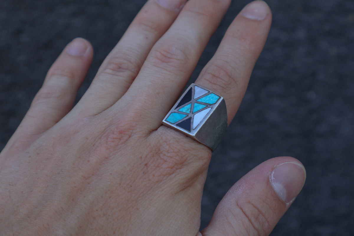 Mid Century Chunky Trading Post Inlay Ring Size-10