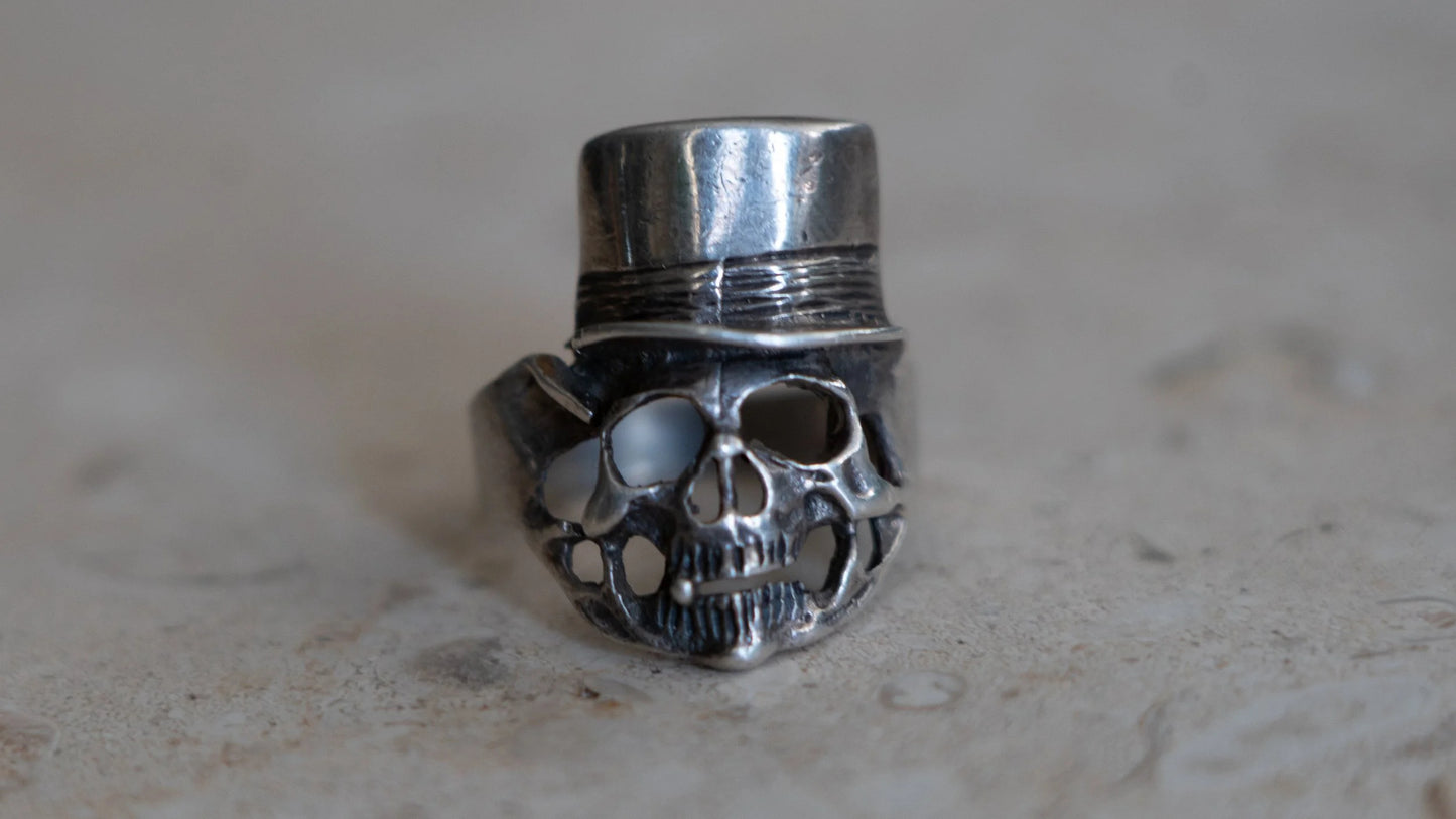 1980s Solid Sterling "Mr. Lucky" Skull Biker Ring Size-11
