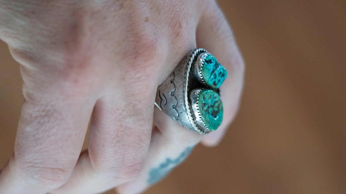 Massive Mid Century Double Turquoise Inlay 1950s Ring Size-10