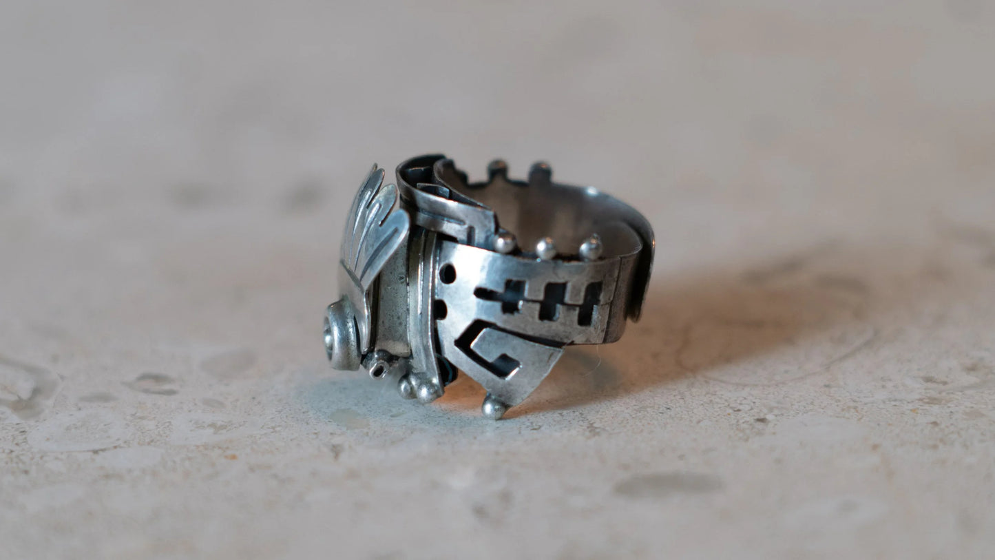 Aztec Poison Ring Vintage Sterling Compartment Adjustable Ring