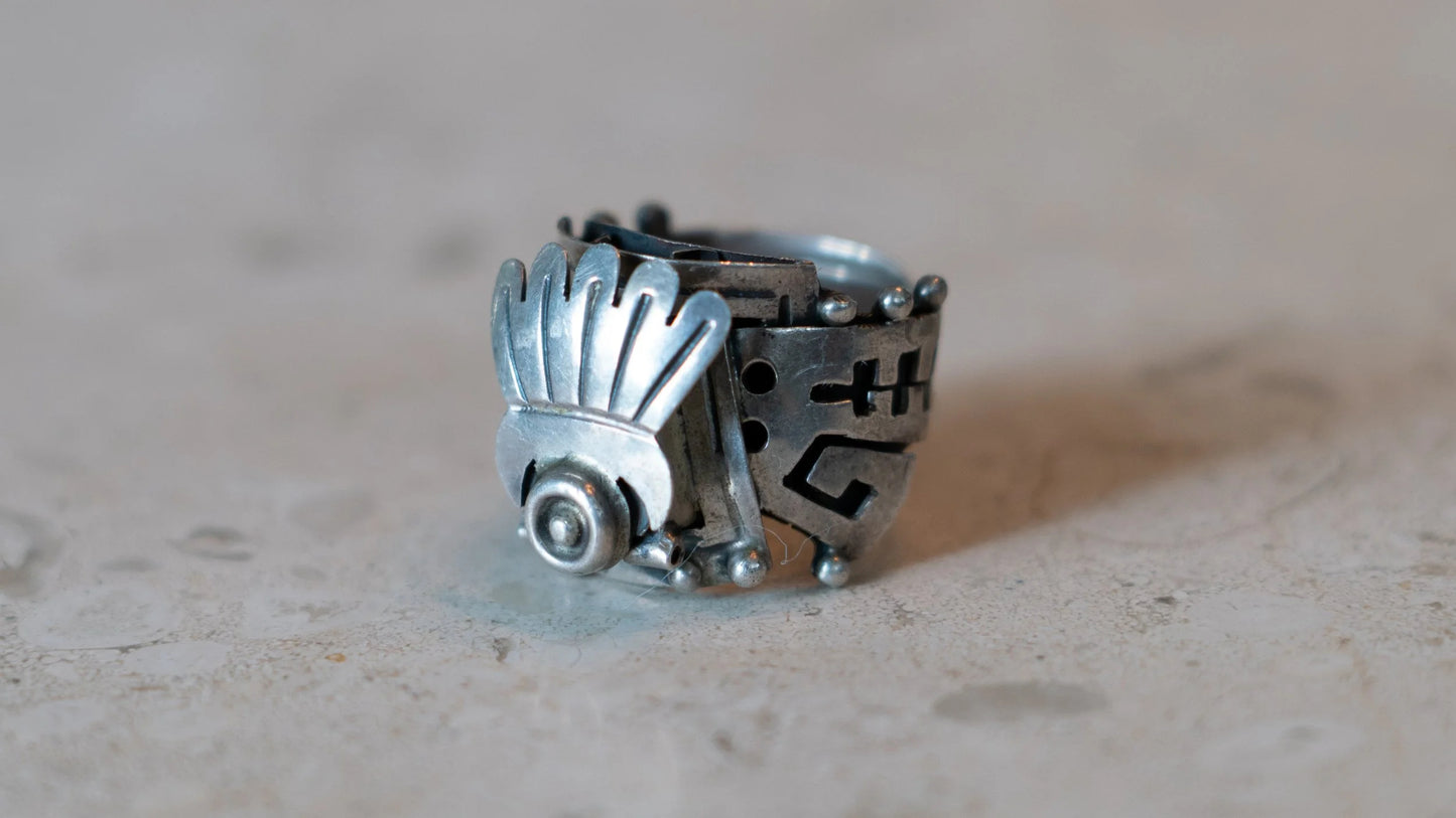 Aztec Poison Ring Vintage Sterling Compartment Adjustable Ring