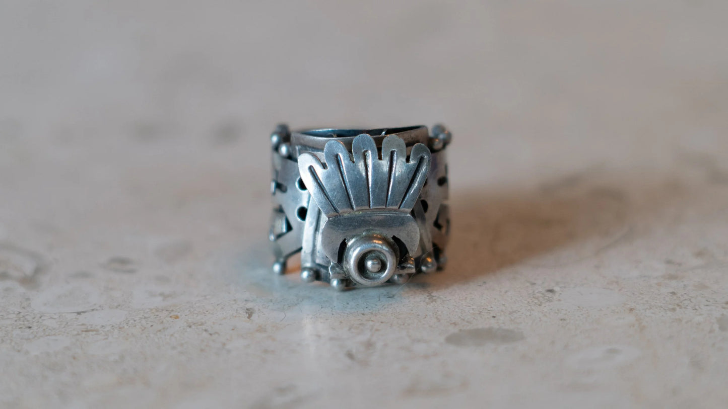 Aztec Poison Ring Vintage Sterling Compartment Adjustable Ring