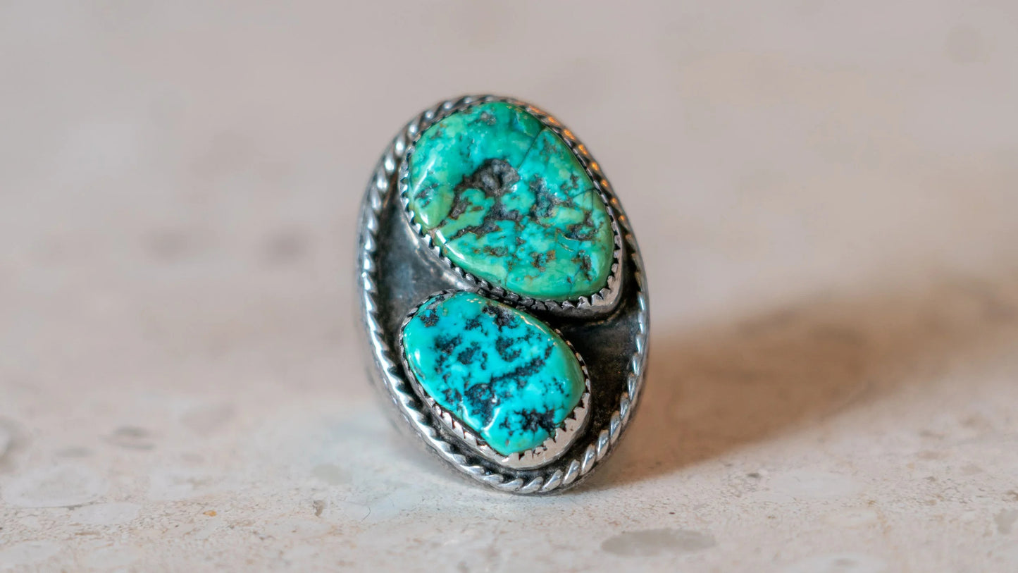 Massive Mid Century Double Turquoise Inlay 1950s Ring Size-10