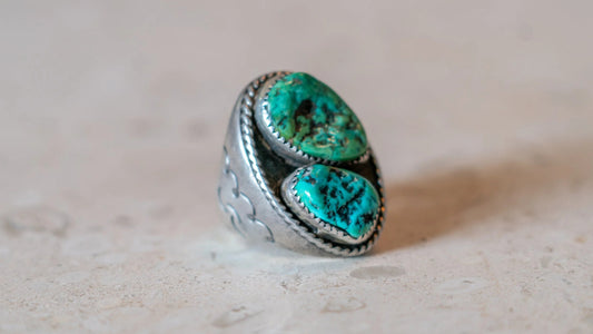Massive Mid Century Double Turquoise Inlay 1950s Ring Size-10