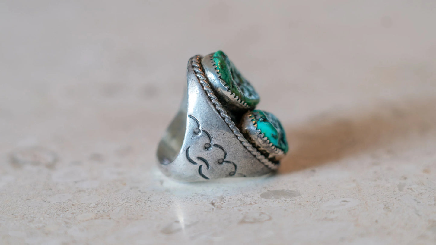 Massive Mid Century Double Turquoise Inlay 1950s Ring Size-10