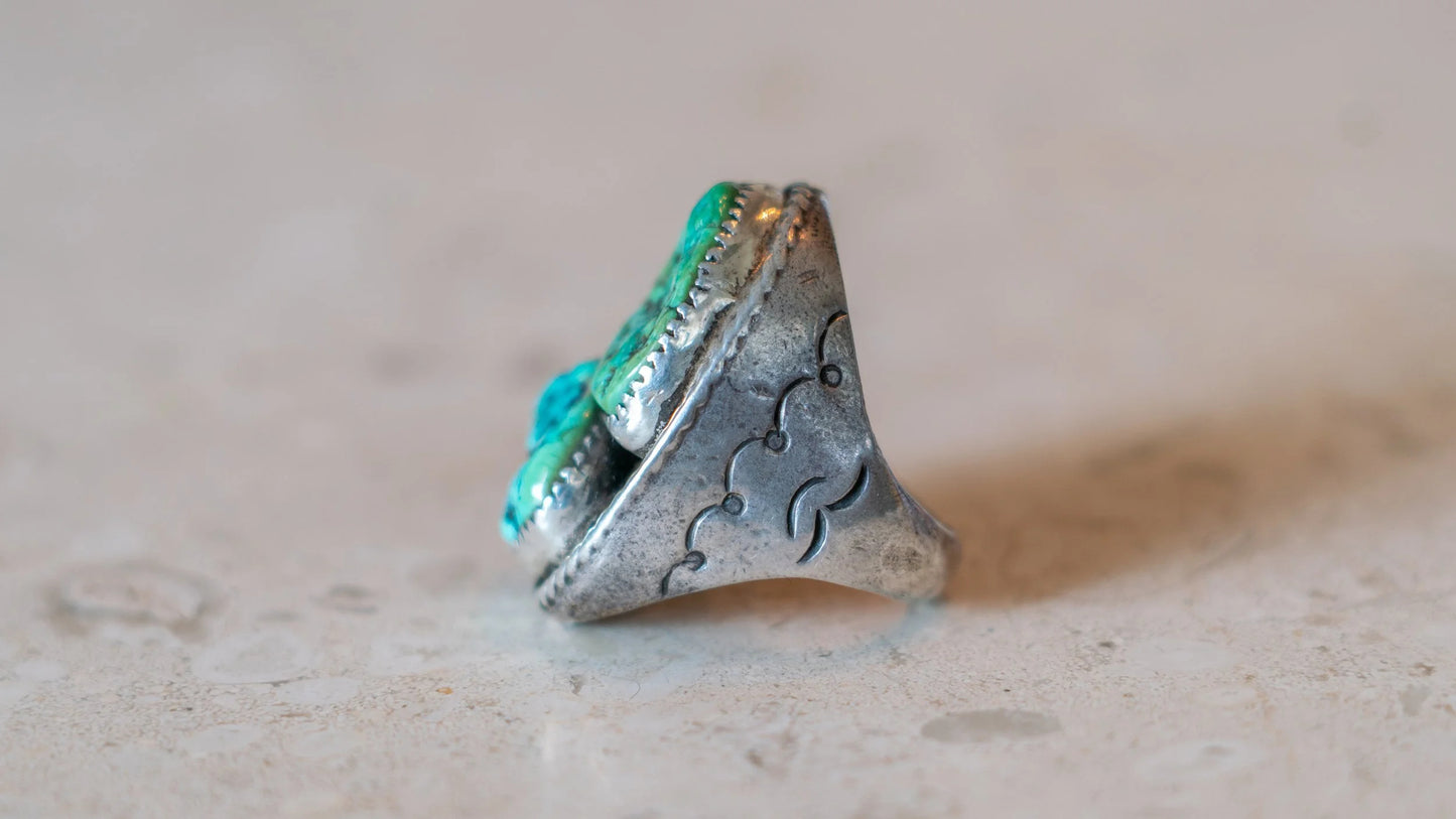Massive Mid Century Double Turquoise Inlay 1950s Ring Size-10