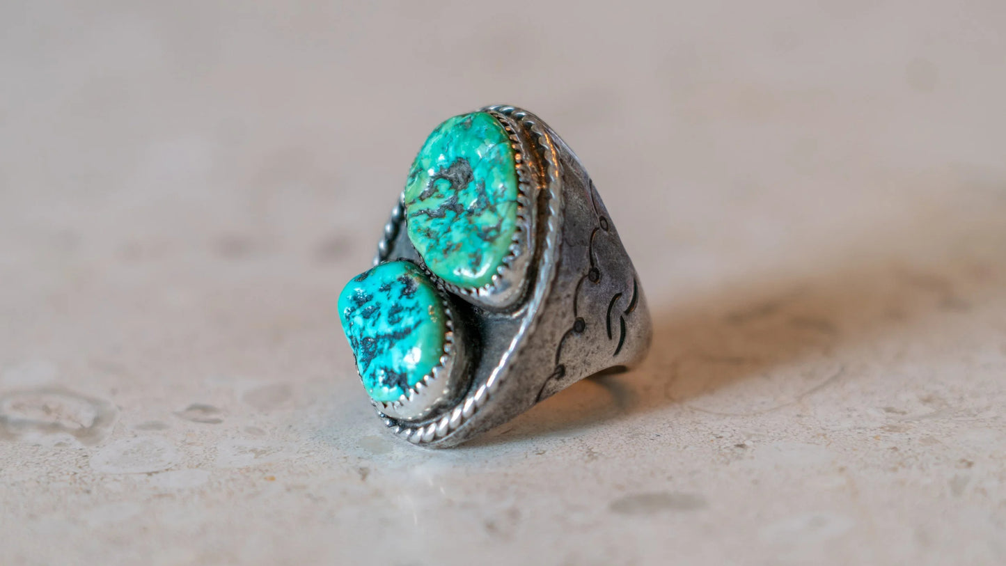 Massive Mid Century Double Turquoise Inlay 1950s Ring Size-10
