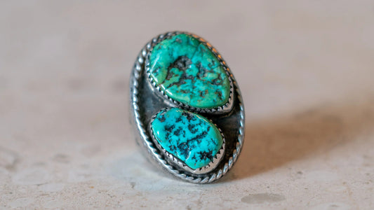 Massive Mid Century Double Turquoise Inlay 1950s Ring Size-10