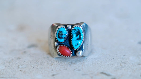 Vintage Coral and Turquoise Nugget Ring Size-10