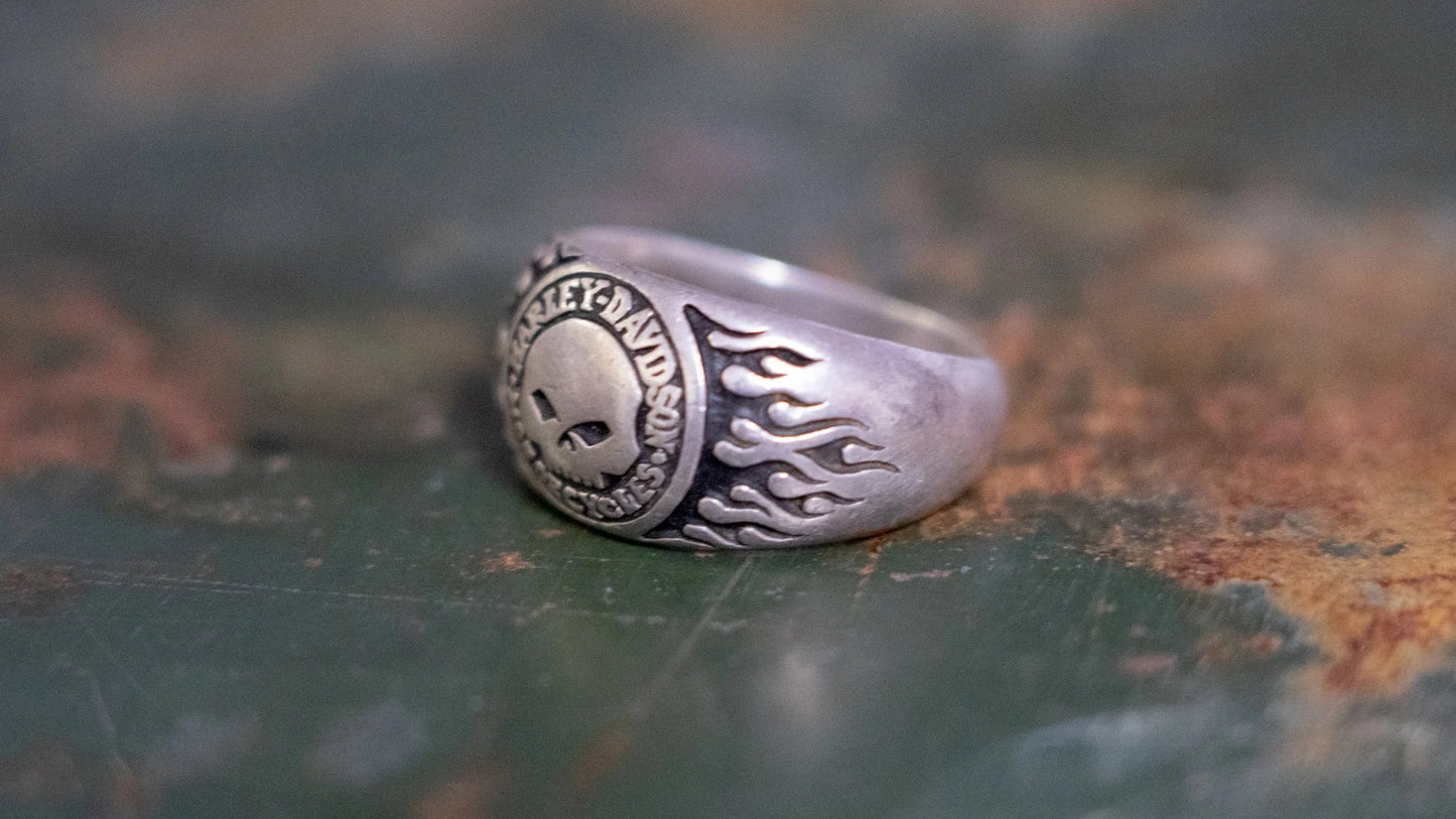 1990s Biker Flame Skull Harley Ring Size-14