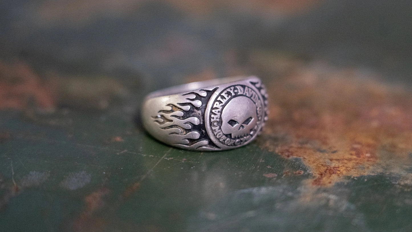 1990s Biker Flame Skull Harley Ring Size-14
