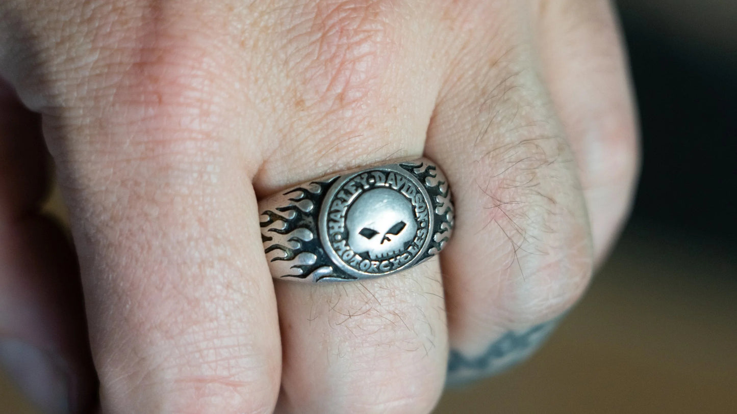 1990s Biker Flame Skull Harley Ring Size-14