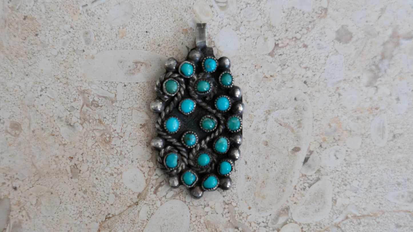 17 Stone Inlay Zuni Petit Point Turquoise Pendant