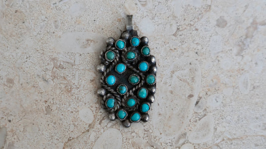 17 Stone Inlay Zuni Petit Point Turquoise Pendant
