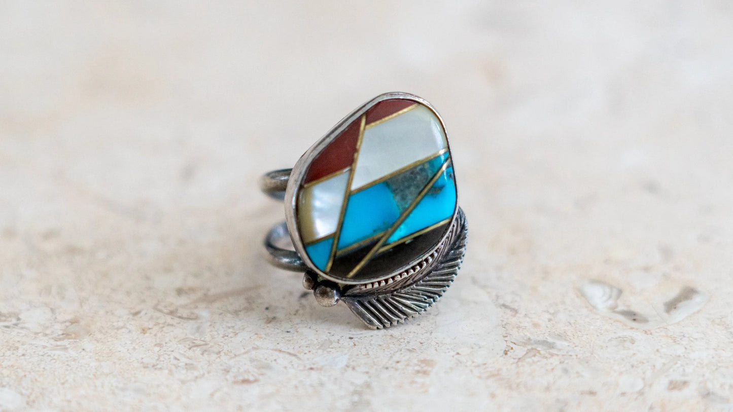 10k Gold & Sterling 1960s Multistone Zuni Inlay Size-8.5
