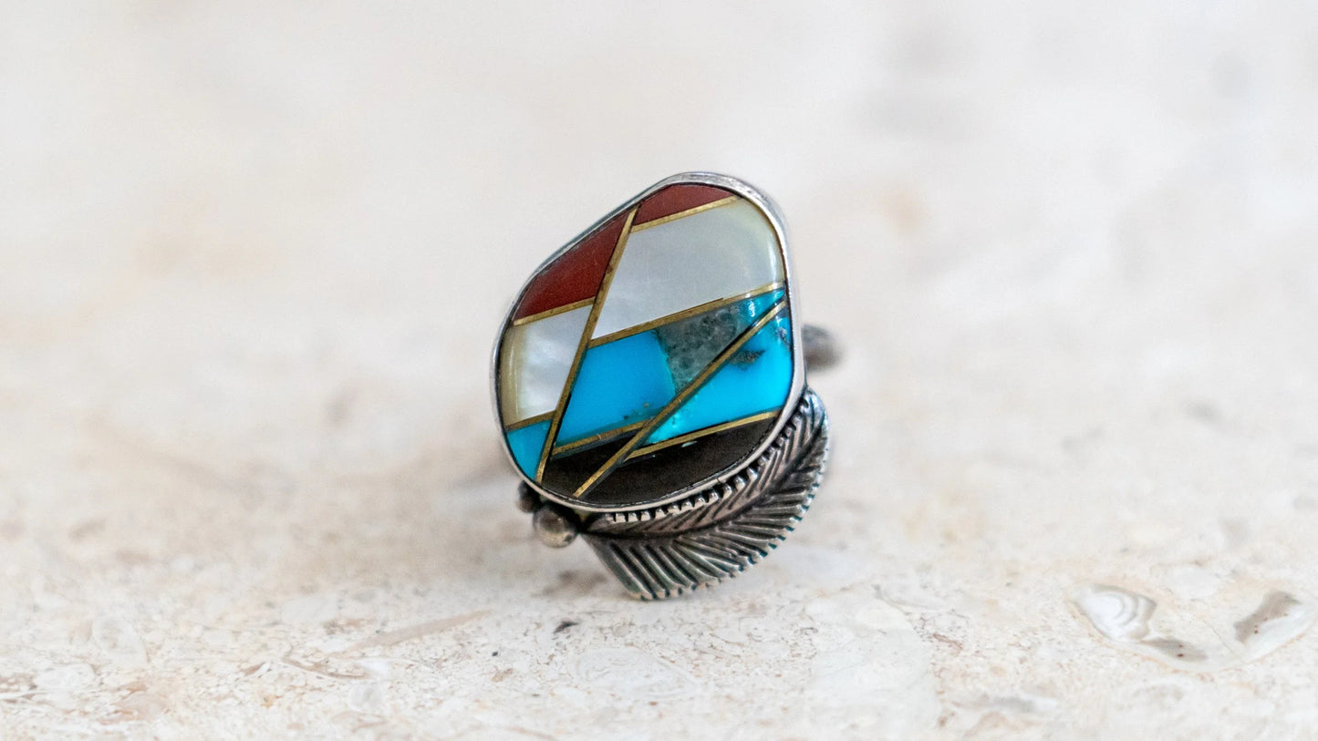 10k Gold & Sterling 1960s Multistone Zuni Inlay Size-8.5