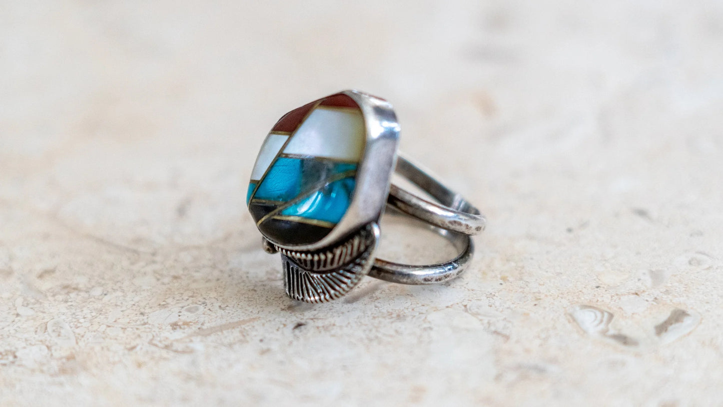 10k Gold & Sterling 1960s Multistone Zuni Inlay Size-8.5