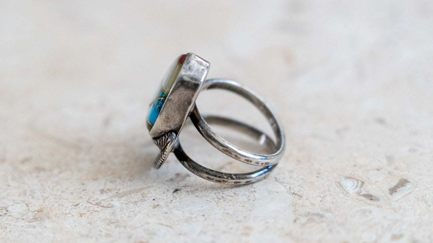 10k Gold & Sterling 1960s Multistone Zuni Inlay Size-8.5