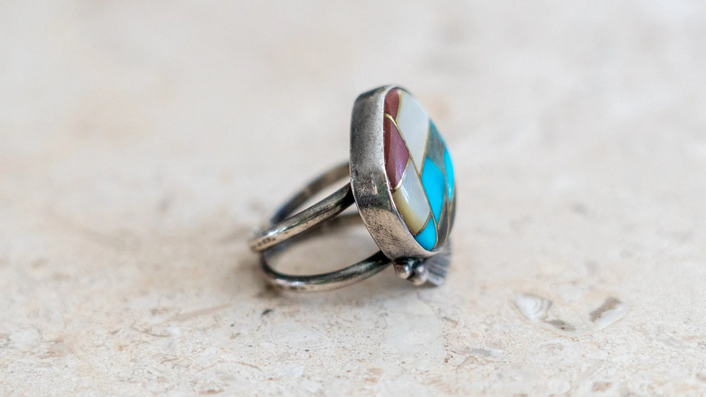10k Gold & Sterling 1960s Multistone Zuni Inlay Size-8.5