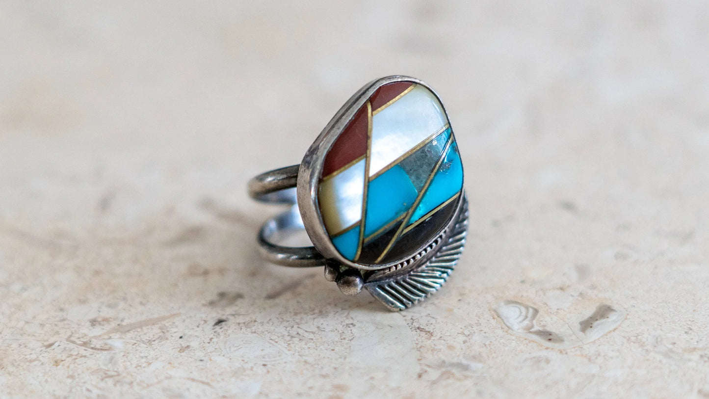 10k Gold & Sterling 1960s Multistone Zuni Inlay Size-8.5