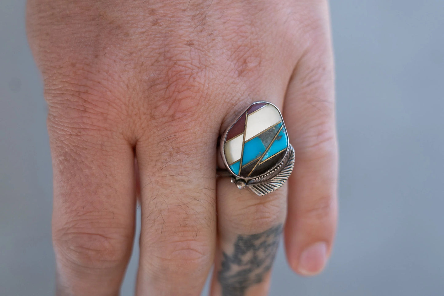 10k Gold & Sterling 1960s Multistone Zuni Inlay Size-8.5