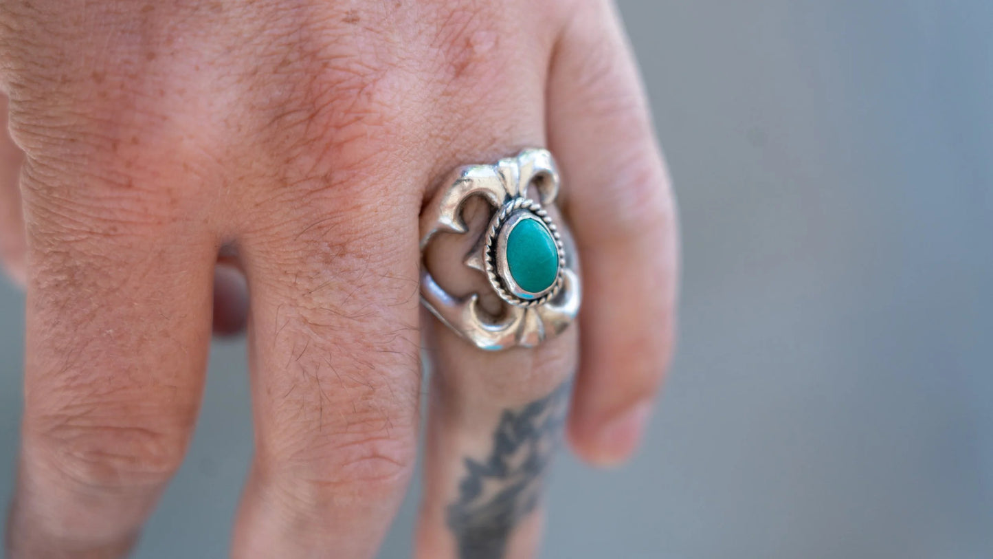 Mid Century Sand Cast Turquoise Ring #1 Size-10