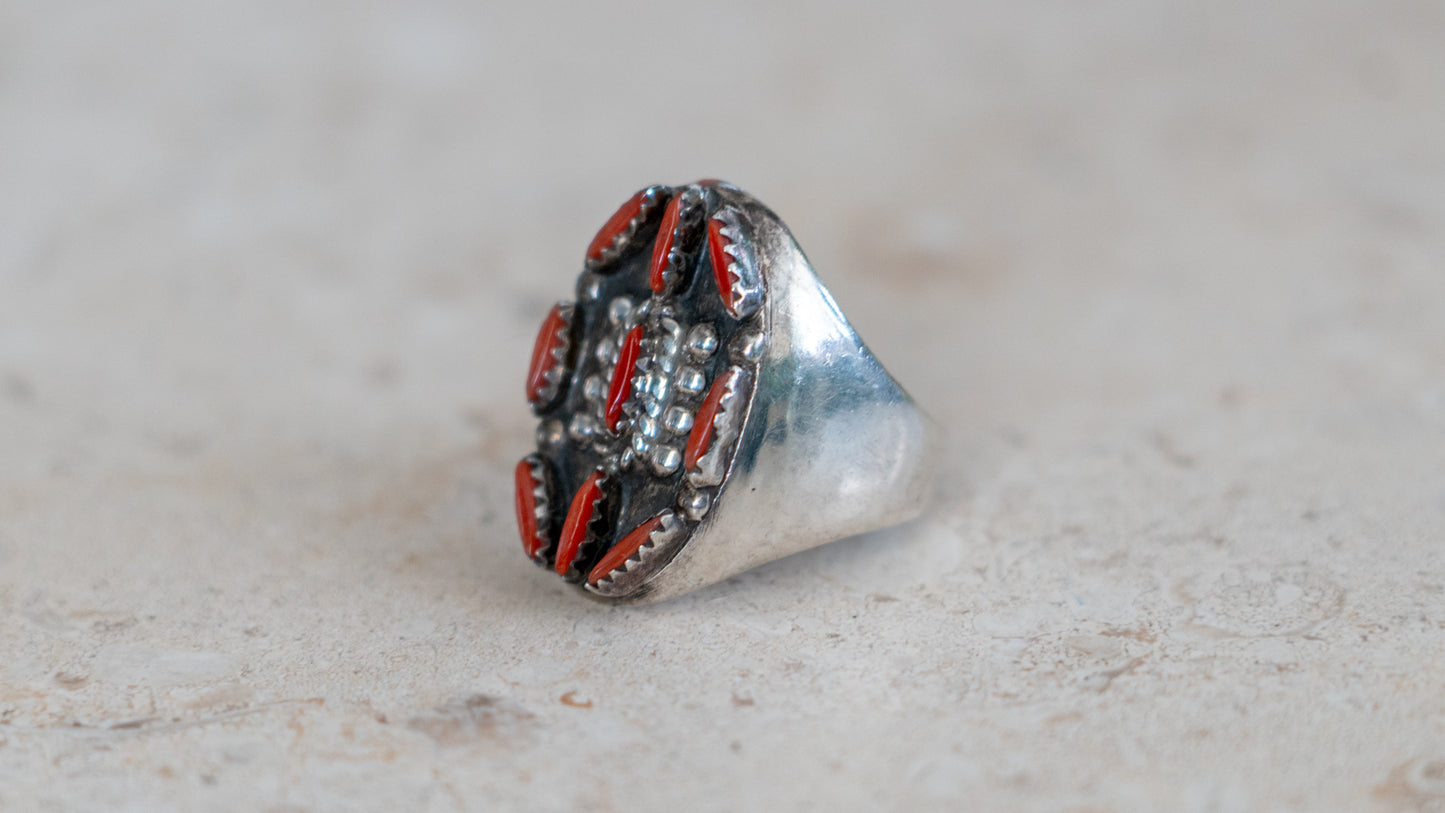 Large 19 Gram 1960s Zuni Petite Point Coral Inlay Size-11