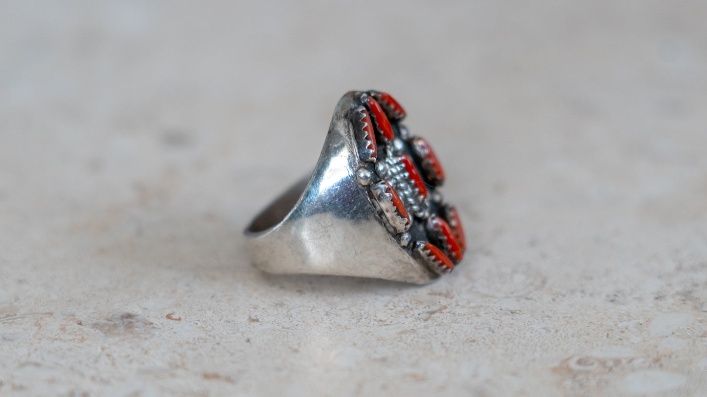 Large 19 Gram 1960s Zuni Petite Point Coral Inlay Size-11