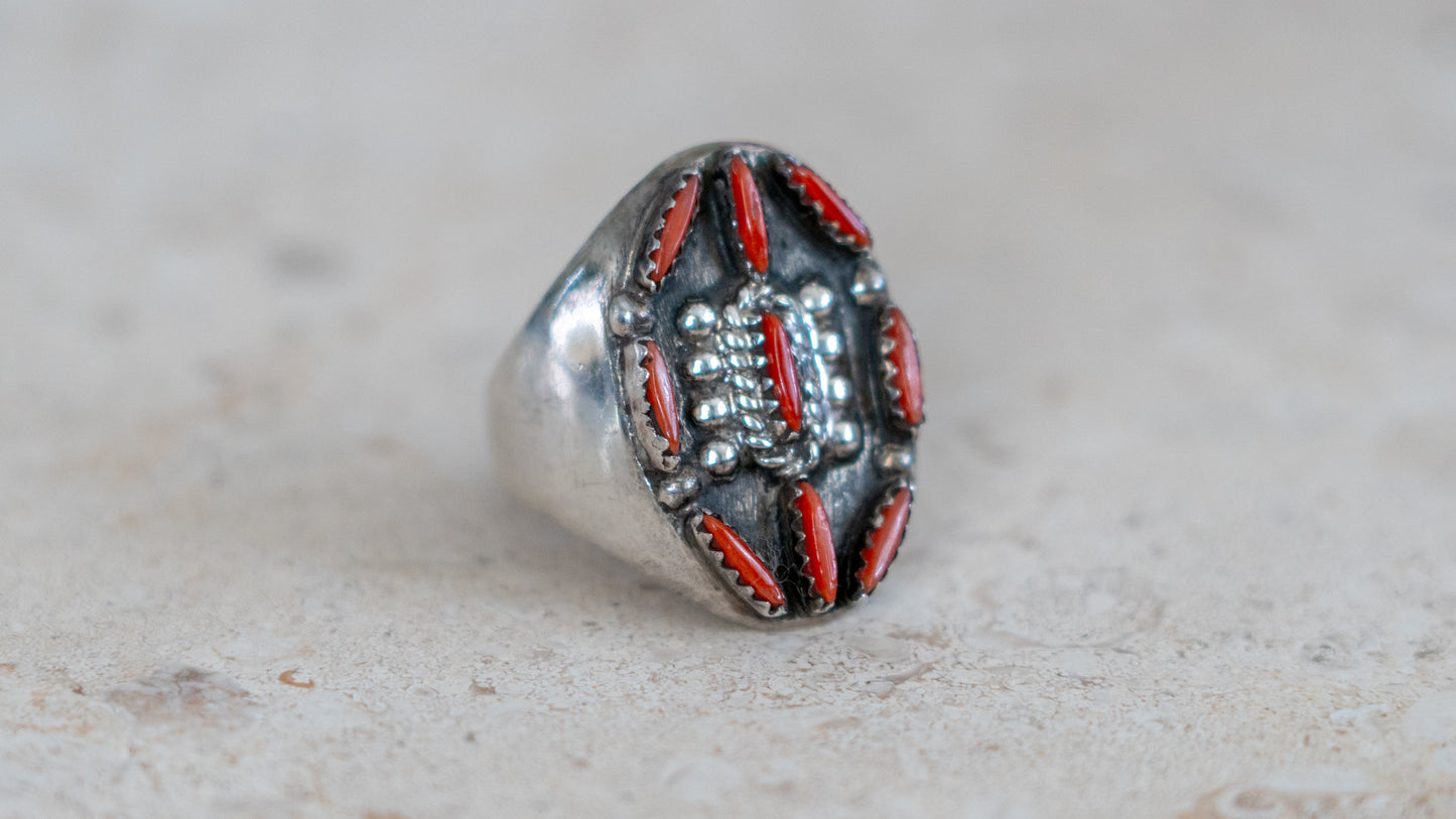 Large 19 Gram 1960s Zuni Petite Point Coral Inlay Size-11