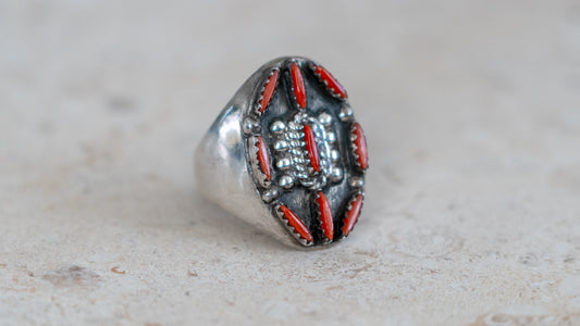 Large 19 Gram 1960s Zuni Petite Point Coral Inlay Size-11