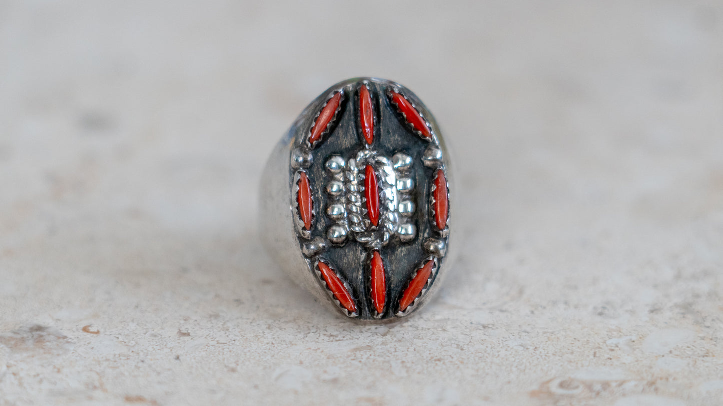 Large 19 Gram 1960s Zuni Petite Point Coral Inlay Size-11