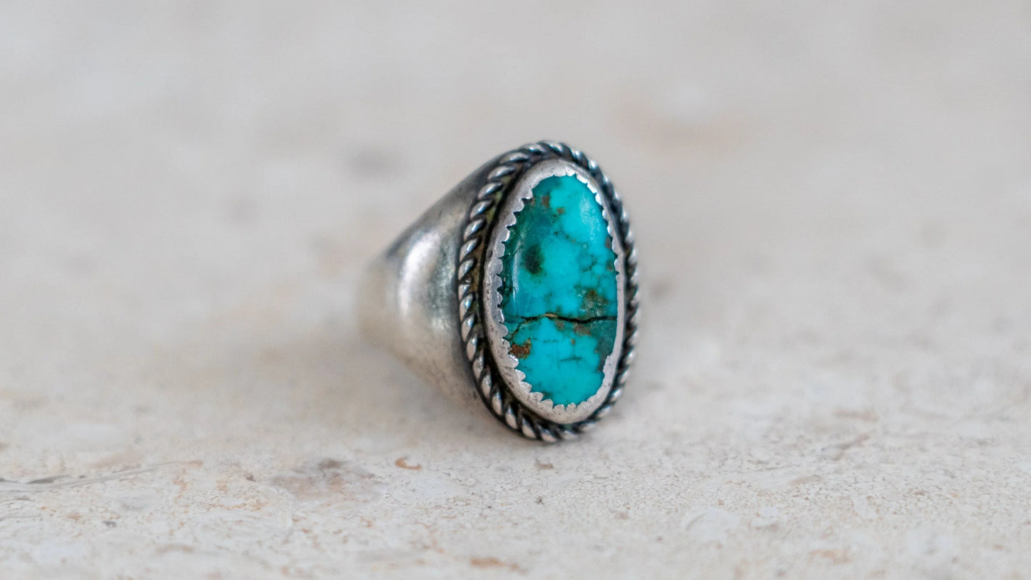 Old Pawn Dark Turquoise Soutwest Men's Ring Size-10