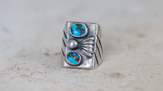 Chunky Mid Century Double Turquoise Inlay Ring Size-8.5