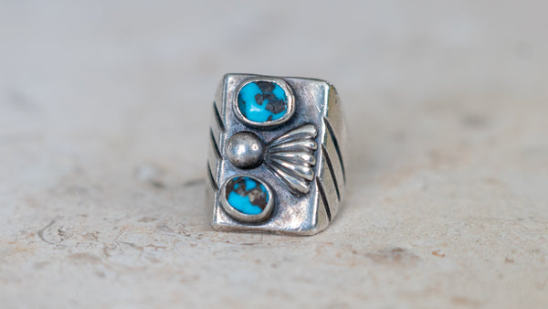 Chunky Mid Century Double Turquoise Inlay Ring Size-8.5