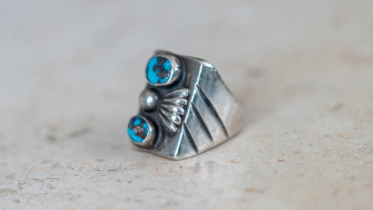 Chunky Mid Century Double Turquoise Inlay Ring Size-8.5