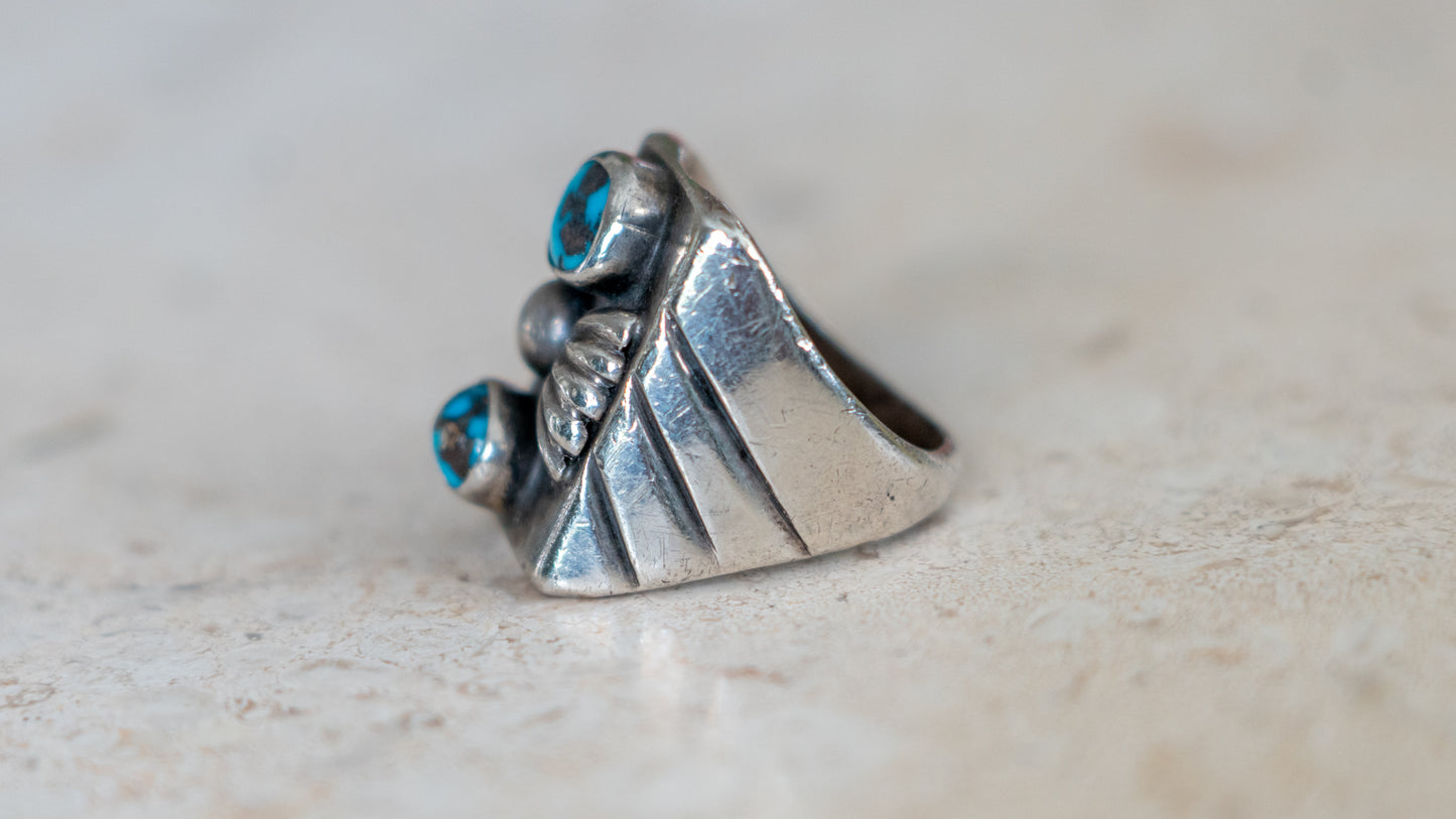 Chunky Mid Century Double Turquoise Inlay Ring Size-8.5
