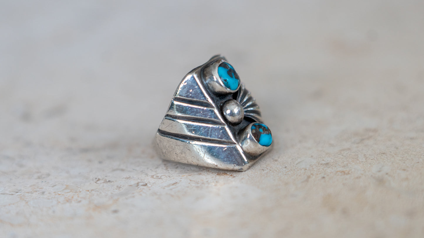 Chunky Mid Century Double Turquoise Inlay Ring Size-8.5