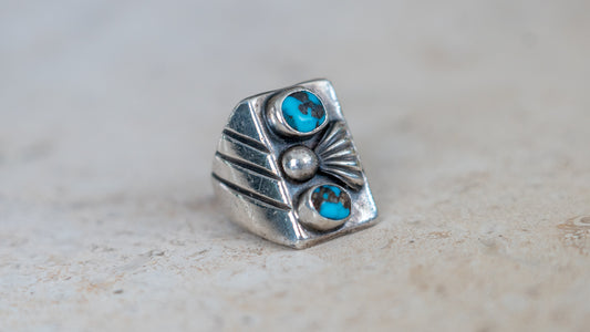 Chunky Mid Century Double Turquoise Inlay Ring Size-8.5