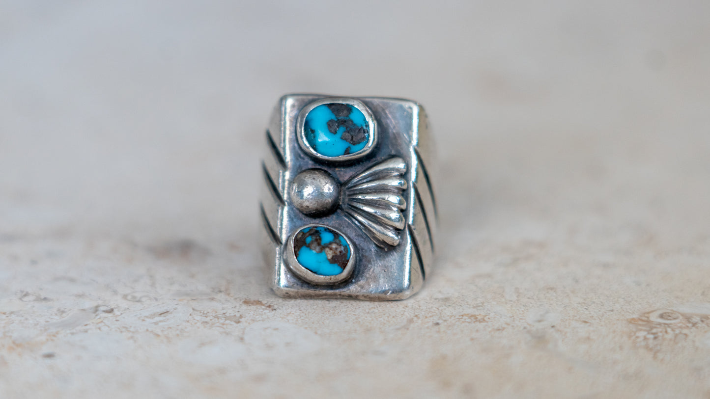 Chunky Mid Century Double Turquoise Inlay Ring Size-8.5