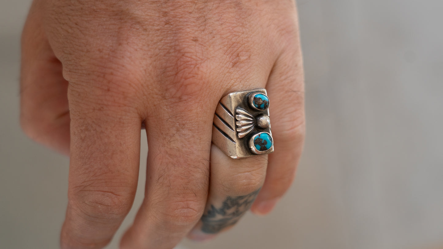 Chunky Mid Century Double Turquoise Inlay Ring Size-8.5